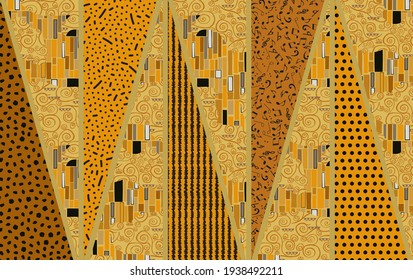 Background of triangles with different textures drawn by hand- vector illustration. Klimt-style pattern