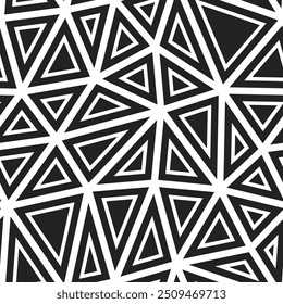 Background with triangles pattern. Large triangle sizes. Solid shapes in frames. Black and white style. Repeatable pattern. Classy vector tiles. Dark contrast gray.