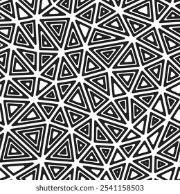 Background with triangles pattern. Medium shape size. Multiple repeated inner triangles. Black and white style. Repeatable pattern. Classy vector tiles. Seamless vector illustration.