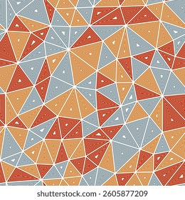 Background with triangles pattern. Multiple repeated inner triangles. Medium shape size. Multiple colors style. Seamless pattern. Classy vector tiles. Beautiful vector illustration.
