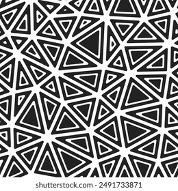 Background with triangles pattern. Rounded solid shapes in frames. Large triangles size. Black and white style. Repeatable pattern. Classy vector tiles. Seamless vector illustration.