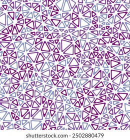 Background with triangles pattern. Small triangles size. Multiple colors style. Rounded triangular cells outlined. Repeatable pattern. Purple Contrast. Classy vector tiles.