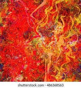 Background of triangular elements and twisted into a spiral wavy lines. Blotches of yellow and red. Seamless abstract pattern.