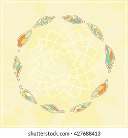 Background with  tribal feather circle and place for text. May be used like template for card, postcard, greeting and celebration card,  scrapbook,   banner, congratulation.  Vector illustration.