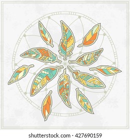 Background with tribal feathers. Dreamcatcher. May be used like template for card, postcard, greeting and celebration card,  banner, congratulation.Boho style. Vector illustration.