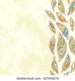 Background with tribal feathers and place for text. May be used like template for card, postcard, greeting and celebration card,  scrapbook,  banner, congratulation. Boho style. Vector illustration.