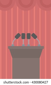 Plano de fundo da fala tribune com microfones vetor ilustração de design plano. Layout vertical.