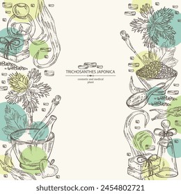 Background with trichosanthes japonica: leaves, flower, plan and trichosanthes japonica root. Trichosanthes kirilowii. Oil, soap and bath salt. Cosmetics and medical plant. Vector hand