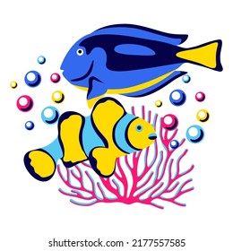 Background with tropical fishes. Marine life aquarium and sea animals.
