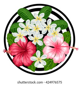 Background with tropical flowers hibiscus and plumeria. Image for design on t-shirts, prints, invitations, greeting cards, posters.