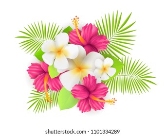 Background with tropical flowers and leaves. 