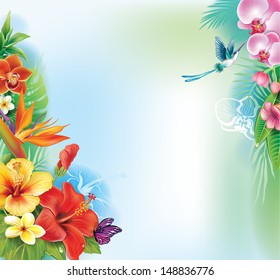 Background from tropical flowers and leaves