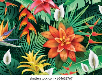 Background from tropical flowers and leaves