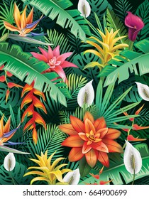 Background from tropical flowers and leaves