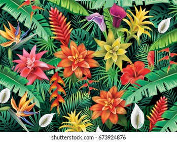 Background From Tropical Flowers And Leaves