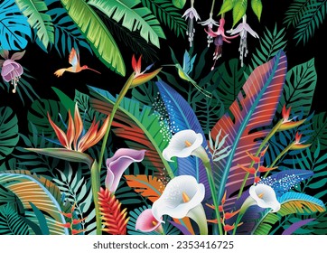 Background with tropical flowers, leaves and birds, tropical paradise