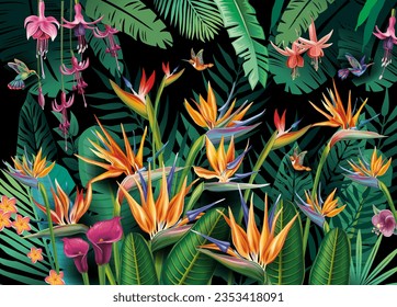 Background with tropical flowers, leaves and birds, tropical paradise