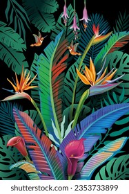 Background with tropical flowers, leaves and birds, tropical paradise