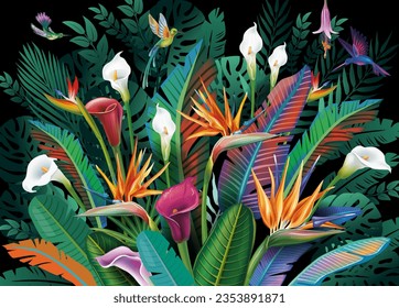 Background with tropical flowers, leaves and birds, tropical paradise