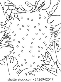 Background with tropical flowers and leaves. Coloring page, black and white vector illustration.