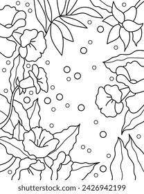 Background with tropical flowers and leaves. Coloring page, black and white vector illustration.