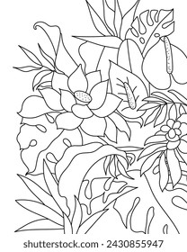 Background with tropical flowers and leaves.Coloring page, black and white vector illustration.