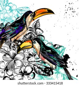 Background with tropical flowers and toucan birds in engraved and watercolor styles