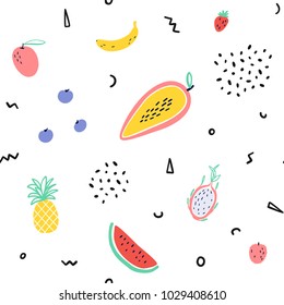 background, tropical, fruit, baby, print, food, summer, floral, seamless, pattern, memphis, pineapple, mango, watermelon, Pitaya, dessert, exotic fruit, banana, papaya with memphis style elements