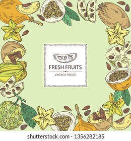 Background with tropical fruits: cherimoya fruit,sapodilla,granadilla and carambola . Vector hand drawn illustration 