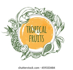 Background with tropical fruits. Hand-drawn vector illustration.