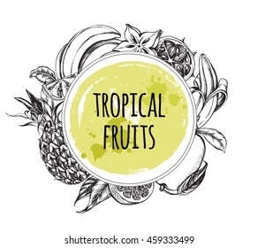 Background with tropical fruits. Hand-drawn vector illustration.