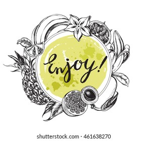 Background with tropical fruits. Hand-drawn vector illustration.