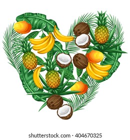 Background with tropical fruits and leaves. Design for advertising booklets, labels, packaging, textile printing.