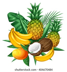 Background with tropical fruits and leaves. Design for advertising booklets, labels, packaging, textile printing.