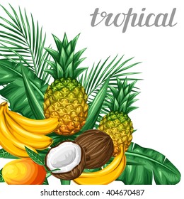 Background with tropical fruits and leaves. Design for advertising booklets, labels, packaging, menu.