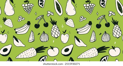 Background with tropical fruits. White and green colors. Scribble vector elements. Trendy fresh banner with healthy products. Seamless Healthy pattern