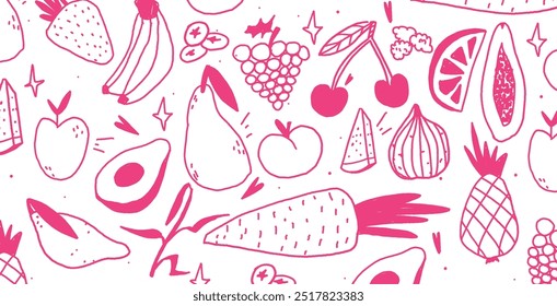 Fundo com frutas tropicais. Cor branca e rosa. Elementos de vetor de rabisco. Banner moderno e moderno com produtos saudáveis.