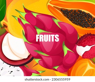 Background with tropical fruits.Mango,papaya,dragon fruit,web banner with ripe fruit.Vector illustration.