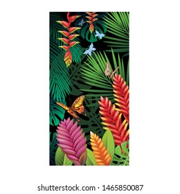 Background with tropical jungle plants on black background