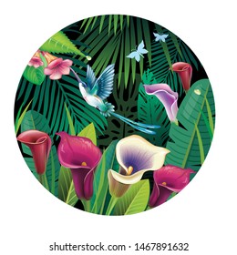 Background with tropical jungle plants on black background