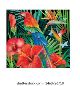 Background with tropical jungle plants and parrot