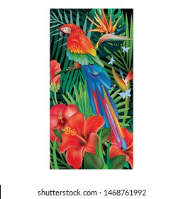 Background with tropical jungle plants and parrot