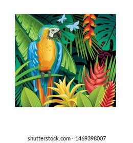 Background with tropical jungle plants and parrot on black background