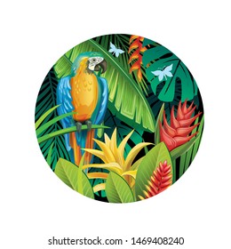 Background with tropical jungle plants and parrot on black background
