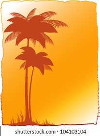 background with tropical landscape - palm and sunset