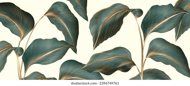 Background with tropical leaves of dark green color with golden line elements. Botanical art poster for design of print, banner, textile, wallpaper, interior design, packaging.