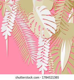 Background from tropical leaves, different plants. Various tropical white leaves on pink isolated background. Suitable for social networks, banners, invitations.
