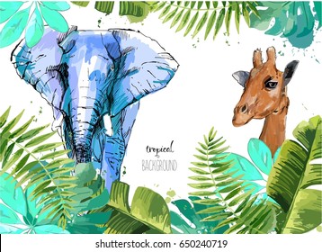 Background with Tropical Leaves, elephant and giraffe . Suitable for nature concept, safari, zoo and summer holiday. Vector Illustration.