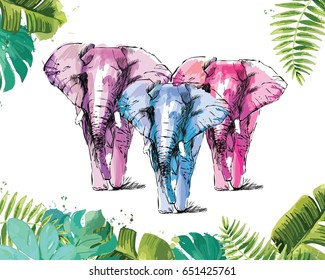 Background with Tropical Leaves and elephants. Suitable for nature concept, safari, zoo and summer holiday. Vector Illustration.