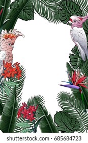 Background with Tropical leaves and exotic flowers Bird in paradise and parrots. Image for advertising booklets, banners, cards. Summer poster.